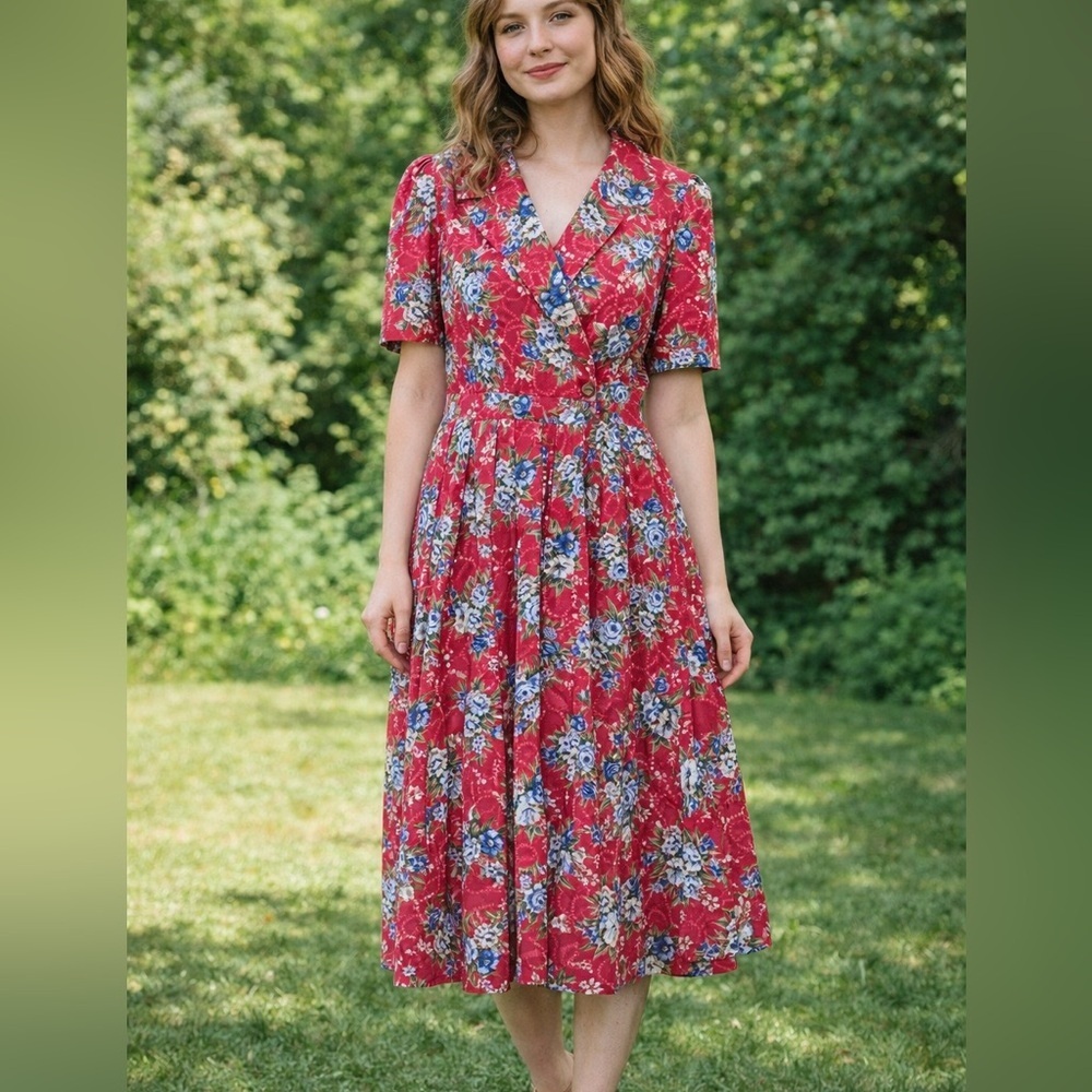 Maggy Boutique Red Floral Wrap Midi Dress